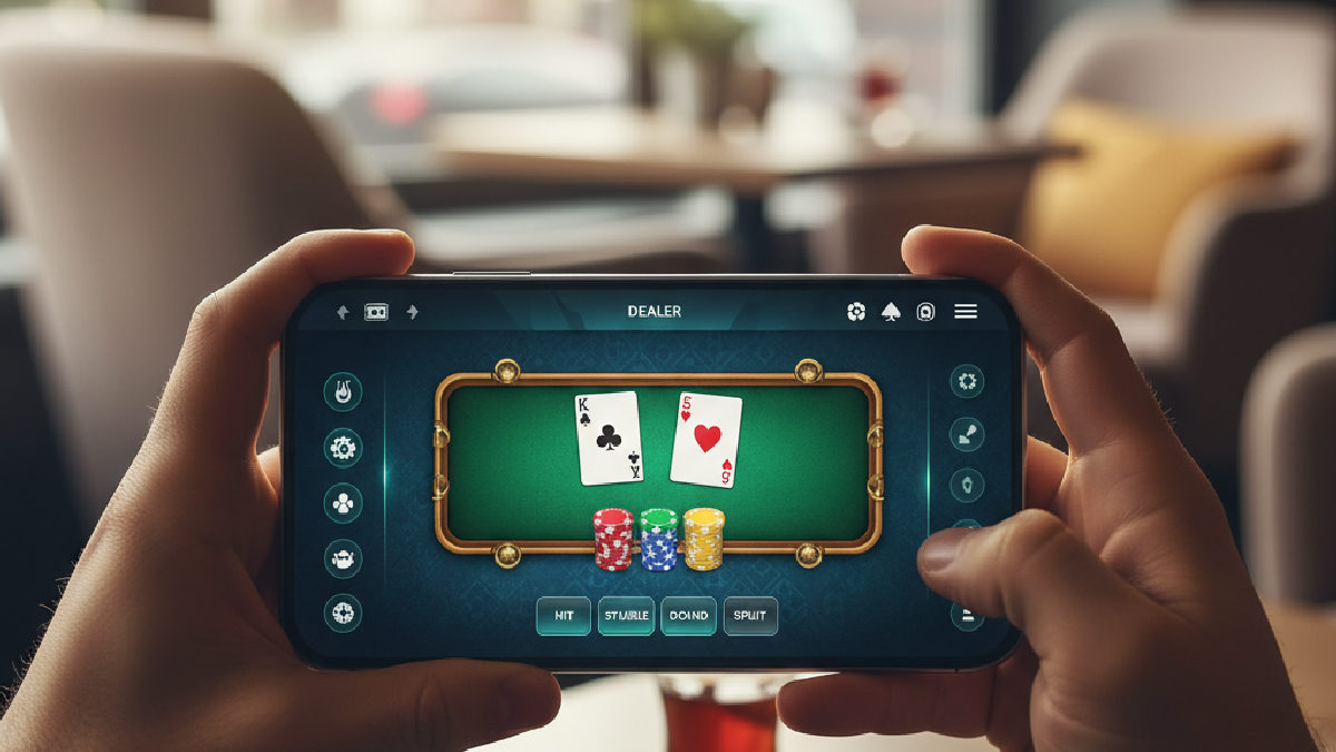 Mobil cihazda CasinoMaxi blackjack oynayan bir kişinin elinde akıllı telefon.